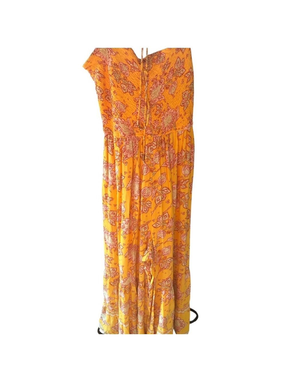 Free People Little of Your Love Floral Smocked Wide Leg Jumpsuit L Mustard - Picture 2 of 9